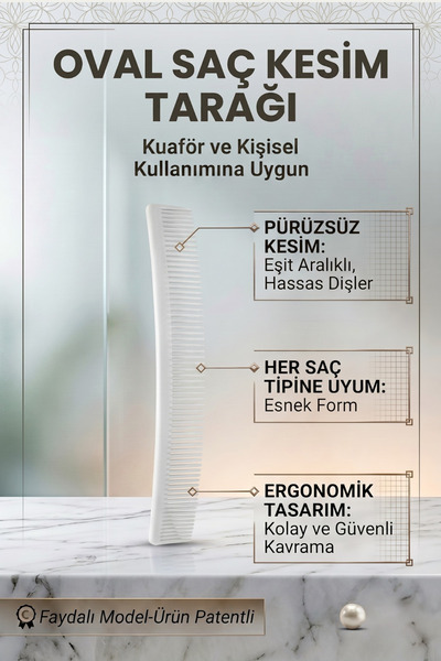 BOMİAS Pieptene oval pentru tuns, alb, potrivit pentru uz personal și de coafor