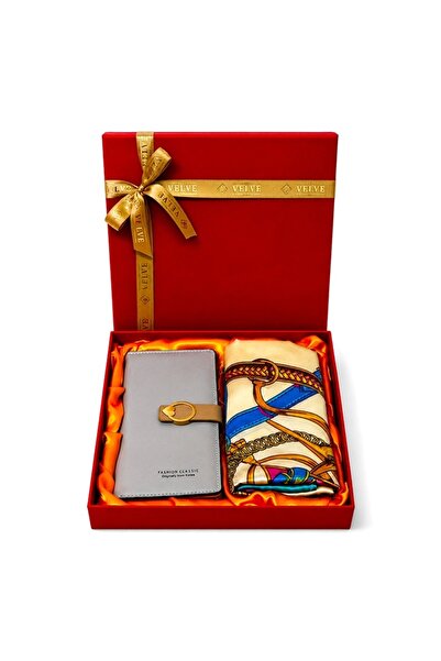 velve Set premium dama Grace Edition, cu portofel din piele gri si esarfa sat...