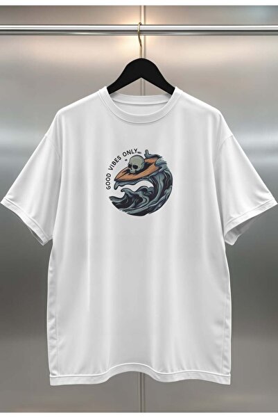 buzagi tasarım ürünleri Good Vibes Digital Print Oversize White Unisex T-Shirt