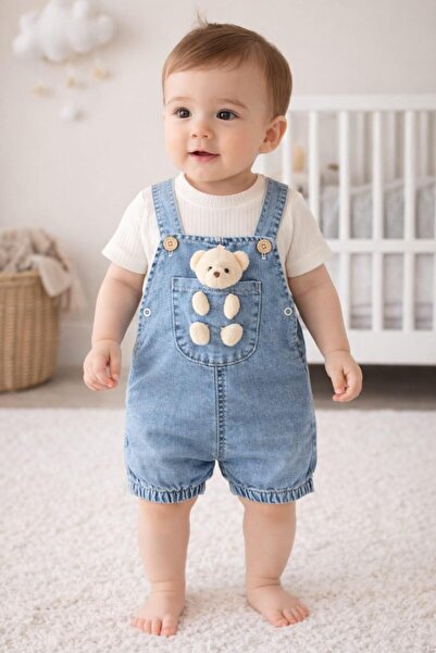 BEBEXO KIDS Unisex Yazlık Model Ayıcıklı Bebek Kot Salopet(Tulum) Çizgili Bod...