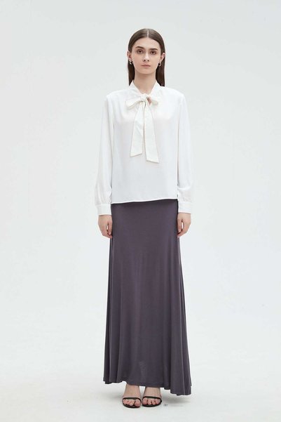 mica Women's Solid Long Sleeve Blouse with Bow Tie Neck