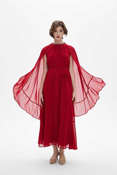 Nichii Long Ruffled Dress with Long Butterfly Sleeves and Round Neck
