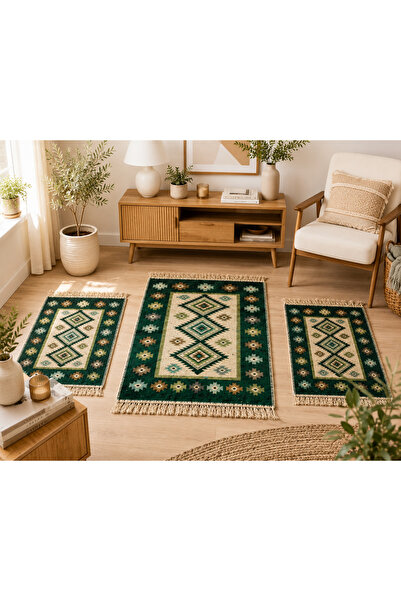 OEM Set 1+2 Covoare Tradiționale - 1x 80x125cm + 2x 60x90cm, verde si crem ROMB