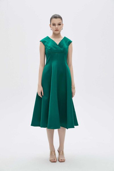 mica Sleeveless Plain Midi Women's Dress with V-Neck