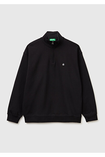 United Colors of Benetton Men's Black 100% Cotton Logo Detailed Zippered High...
