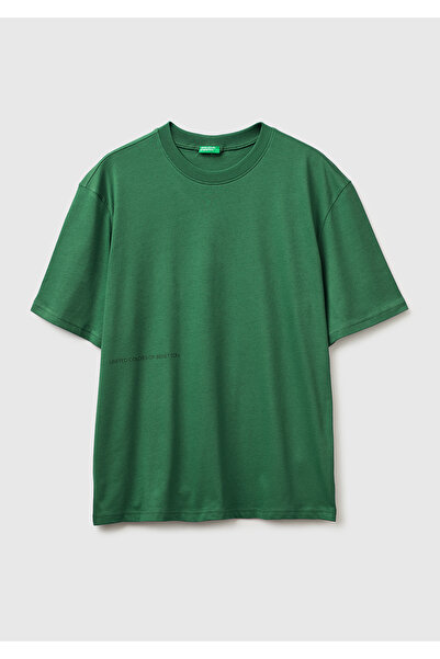 United Colors of Benetton تيشيرت رجالي أخضر 100% قطن مع كتابة