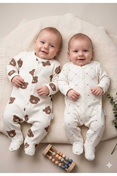 DEFNE LİNA BABY Erkek Bebek 2'li %100 Pamuklu Patikli Desenli Yenidoğan Tulum...