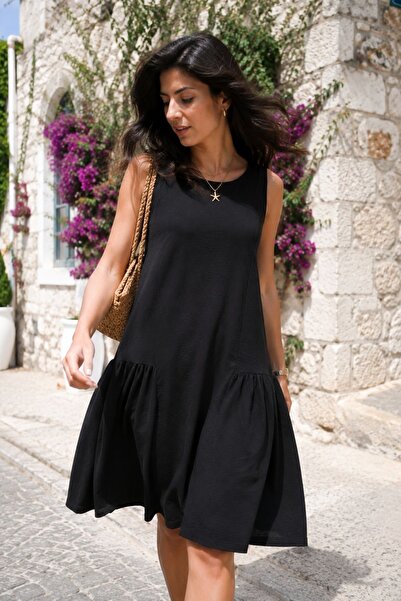armonika Women's Black Side Gathered Sleeveless Midi Dress Arm-26Y001124
