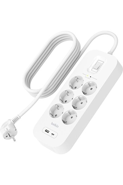 Belkin 6'lı Yüksek Gerilim Korumalı Çoklu Priz, Hızlı şarj için USB-C ve USB-...