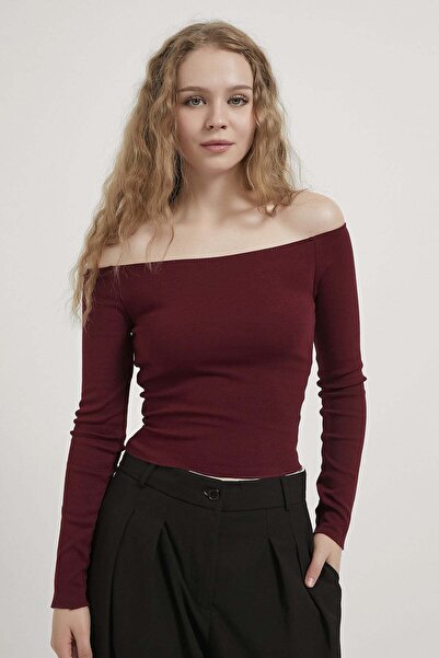 Arma Life Women's Boat Neck Basic Long Sleeve Burgundy Crop Bodysuit