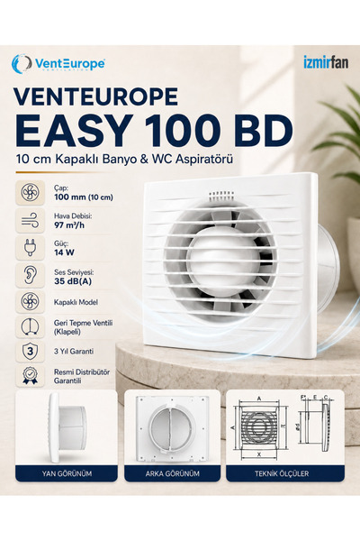 Venteurope Easy 100 BD Kapaklı Banyo WC Aspiratör Fanı 10 cm Sessiz Havalandı...