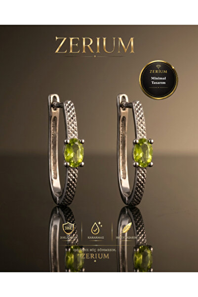 ZERİUM Women's Silver Color Steel Earrings with Olive Green Oval Zircon Stone...