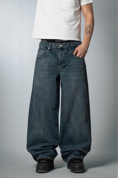 GRJ denim بنطلون جينز رجالي أزرق فضفاض للغاية واسع الساقين من ديب كيرنت