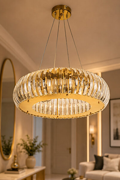 VENON PARİS 40 Cm YUVARLAK GOLD KIVRILMIŞ KRİSTAL TABUT TAŞLI AVİZE Kristal T...