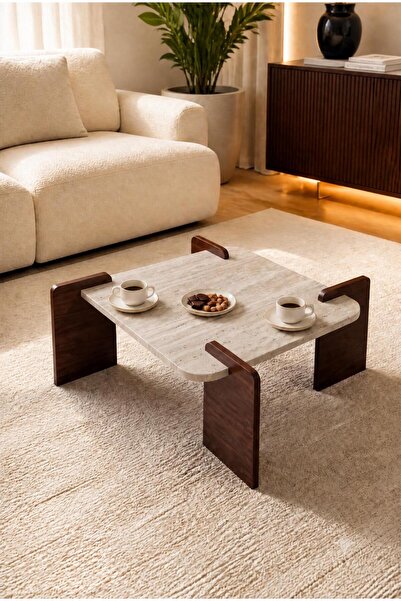 Modern Coffee Table Stylish Design Living Room Table with Marble Travertine Top Table and Wooden Legs