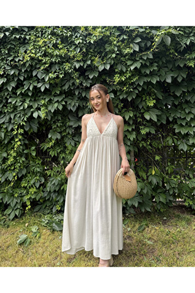 Myra Knitted Detailed Maxi Length Linen Dress-Natural