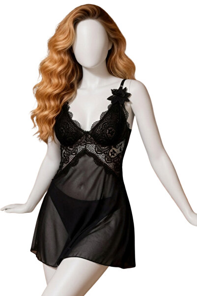 Lingerie and Fashion Style V Neck Black Lace Stitching Strap with Flower
