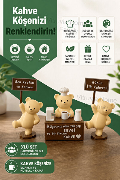 4 Family Barista Ayıcık Ve Tabelalı Kahve Dostları 3’lü Set - Şef Şapkalı Dek...