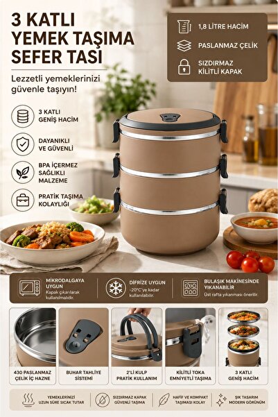 Tercih Home Freshbox 3 Katlı Sızdırmaz Yemek Termosu Sefer Tası 1,8 Lt Kahver...