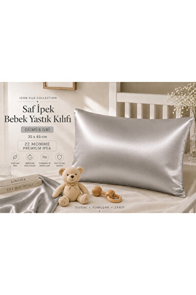 ICON SILK %100 Saf Ipek Bebek Yastık Kılıfı 35*45 Cm 1 Adet (Gümüş Grisi)