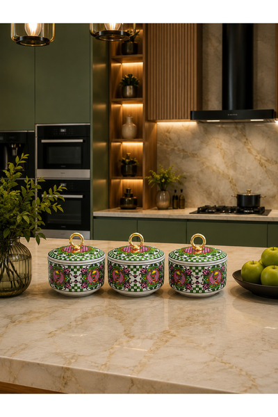 daiza home Kahvaltılık 3 lü Şekerlik Sunumluk African Desen Yeşil Halka Gold