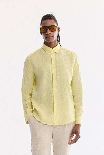 Avva Men's Light Yellow Button-Down Collar 100% Linen Comfort Fit Shirt B002191