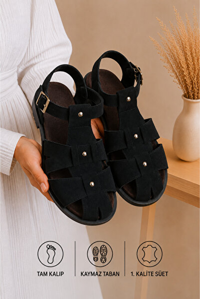 star shoes Γυναικεία Μαύρα Σουέντ Σανδάλια με Καφασωτό Σχέδιο, Μαλακή Σόλα, Κ...