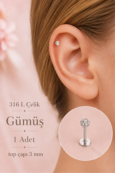 moonzy - minimalist & cozy Taşlı Top Labret Piercing 316 L Çelik Helix Tragus...