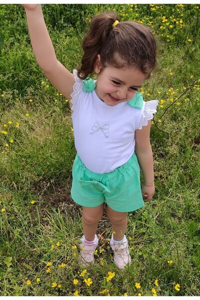 Novy Baby Bow Scallop Sleeve Stone Printed T-shirt Bow Shorts Girl's 2-Piece ...