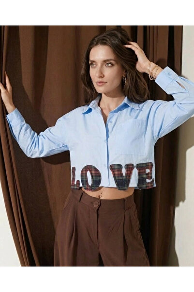 EsSo butik Women's Love Embroidered Plaid Detailed Poplin Crop Shirt