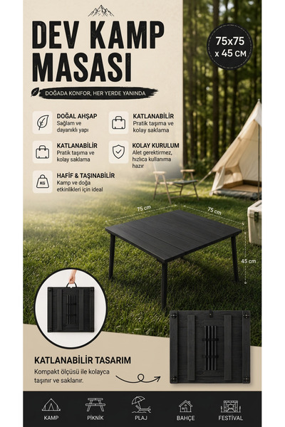 varje Dev Ahşap Kamp Masası 75x75x45