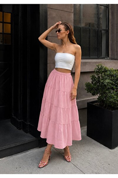 Bisou Pembe Beli Lastikli Volan Detaylı Astarlı Yazlık Maxi Etek
