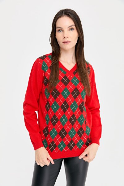 Desen Pulover de damă supradimensionat cu decolteu în V și model Argyle - Uti...