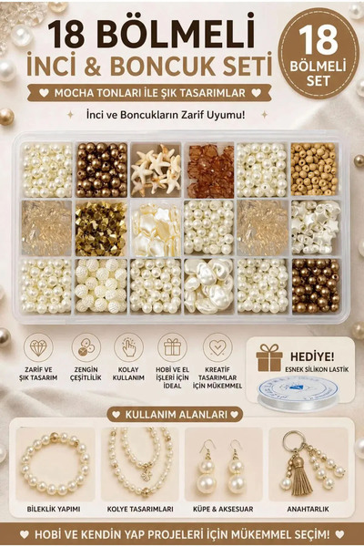 By MO Accessories 18 Bölmeli İnci & Boncuk Seti | Mocha Ton Şık Tasarım | Tak...