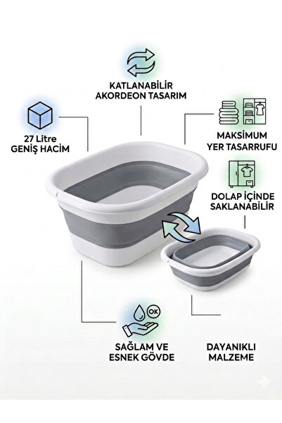 Turkco 27 Litre Katlanabilir Akordeon Çamaşır Selesi ve Çok Amaçlı Temizlik K...