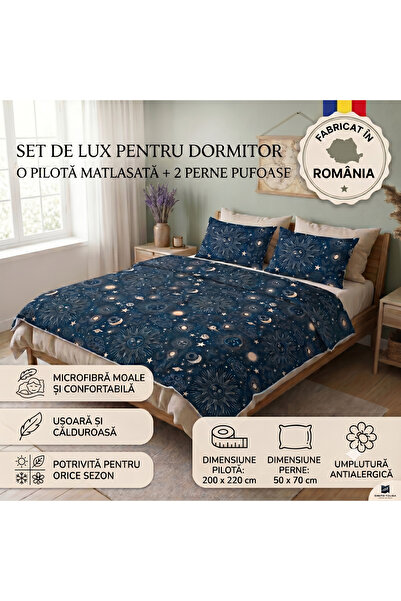NufJoy Set pilota matlasata KingSize 200x220 cm si 2 perne imprimate 50x70 cm...