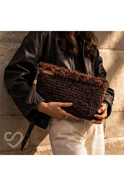 lunos Acı Kahve Kadife Long Clutch
