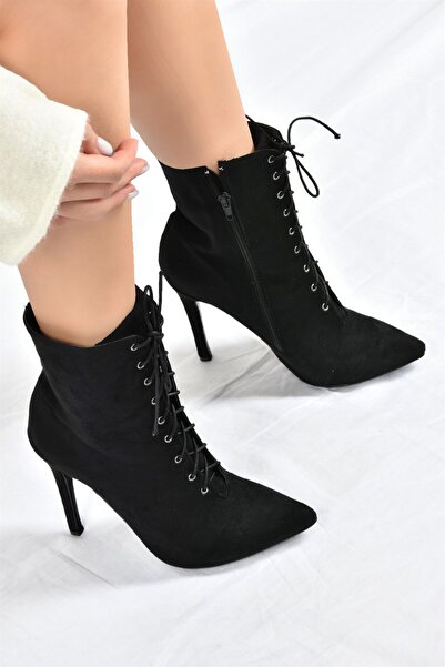 Fox Shoes Siyah Süet İnce Yüksek Topuklu Kadın Bot L372493502
