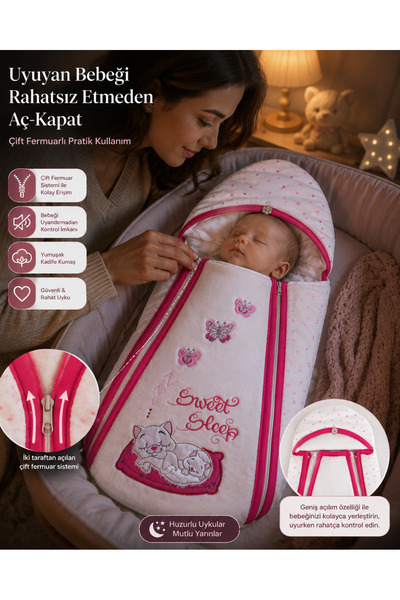 Tomuycuk Kedi Desenli Bebek Kundağı Kadife Çift Fermuarlı Bebek Dış Kundak Ba...