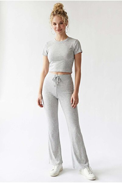 Mixray 2120 Women's Crop T-Shirt and Palazzo Pants Set Gray