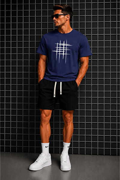 FECCY Unisex Kadın/Erkek Çizgili Özel Baskılı Şort T-shirt Takımı