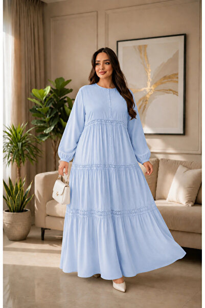 AZRA BUTİK Magnolia Pattern Lace Detailed Dress Blue