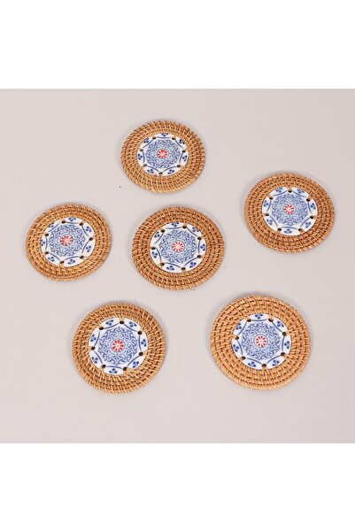 Mylamp ÇİNİ 6'lı Doğal Rattan ve  El Yapımı Seramikli Bardak Altlığı