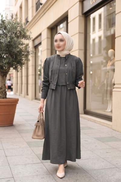 MUDUTEKSTİL Beli Büzgülü Jile Elbise Gri