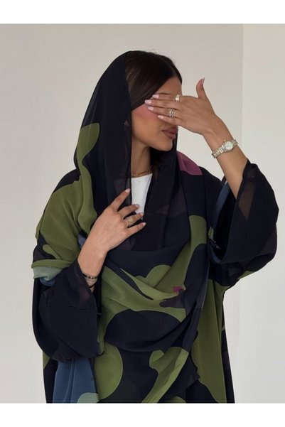 Noon Noora Printed Chiffon Front Open Abaya Set (with Headscarf)