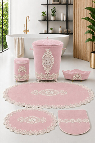 Bonny Home Lisa Pudra 6 Piece Lace Bath Dirty Laundry Basket Set Bath Mat Set