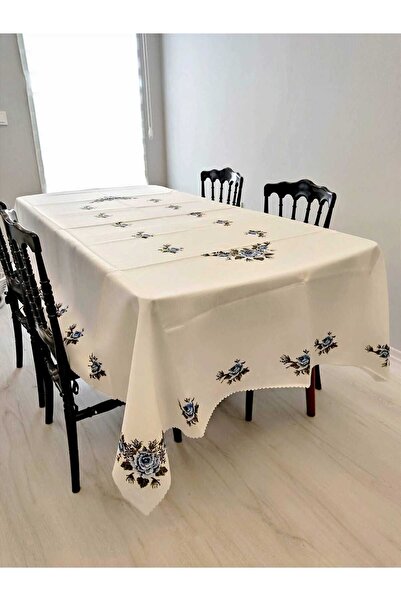 GMhome Mavi Çiçekli Kanaviçe Desenli Dertsiz Masa Örtüsü Yıkanabilir