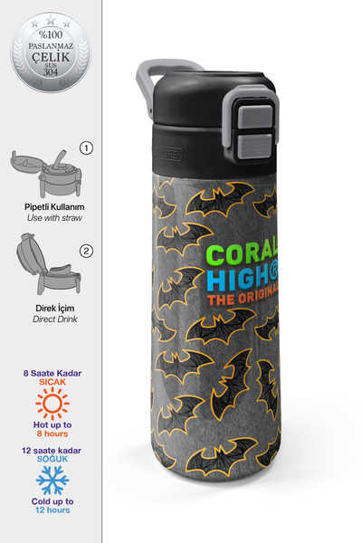 Coral High Kids Gray Mustard Bat Patterned Straw and Direct Drinking Steel Th...