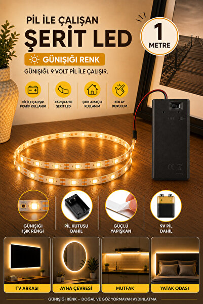 Beyaz Pırıltı Günışığı Renk Pil Ile Çalışan Şerit Led 1 Metre Pilli Şerit Led...