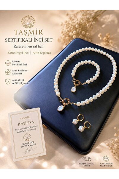 Taşmir Sertifikalı Gerçek İnci Kolye Bileklik Küpe Set 14 k Altın Kaplama Apa...